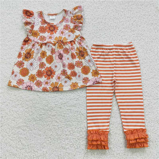 GSPO0674 Flower flying sleeves top and orange striped lace trousers set