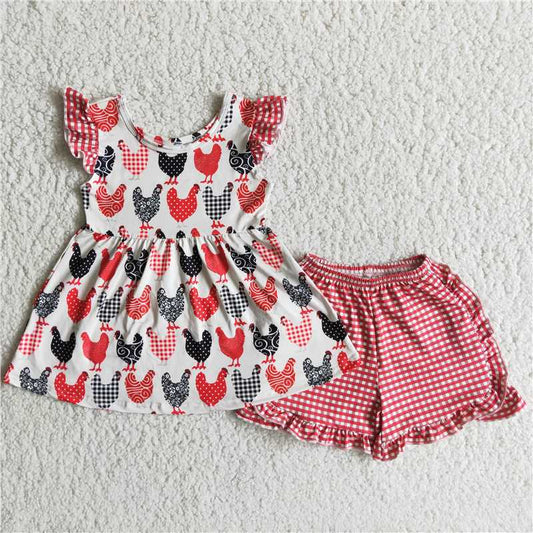 Chicken plaid ruffles shorts set