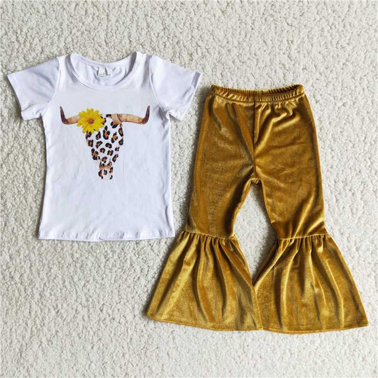 D2-11 Cow skull golden bell bottom pants sets