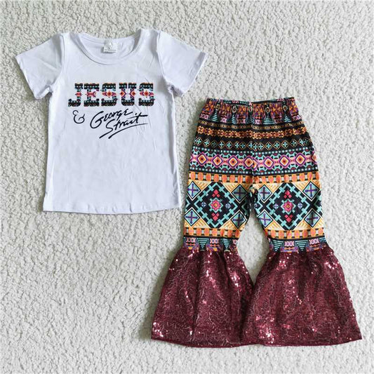 A3-9 Jesus sequin bell bottom pants sets