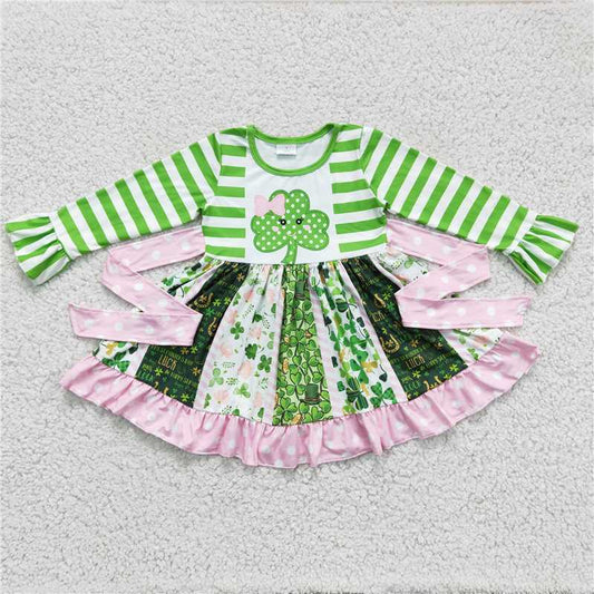 6 A23-11  Baby Girls St Patrick Day Quatrefoil Twirl Belt Dresses