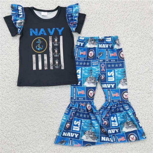 A1-17 NAVY black and blue lace short-sleeved wide-leg pants