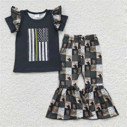 A9-15 Black short-sleeved flared pants with national flag lace