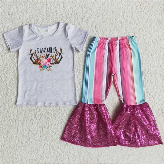 C5-24 stay wild off-white top with colorful sequin pants