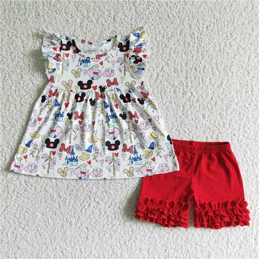Red animals ruffles shorts set