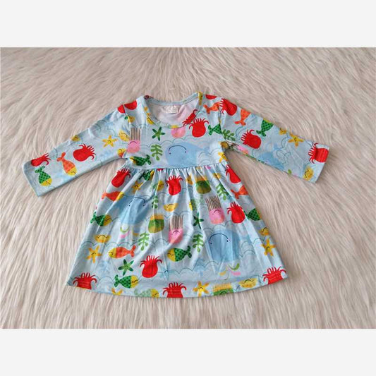 9.24 RTS NO MOQ（In stock）G1-3-6- Baby Girls Winter Dress Octopus light blue long sleeve