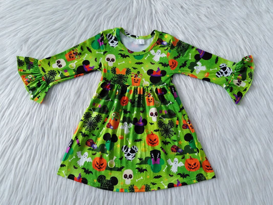 9.24 RTS NO MOQ（In stock）G1-3/ Baby Girls Winter Dress Skull green long-sleeved dress