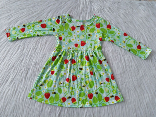 9.20 RTS NO MOQ（In stock）G1-3-1] Baby Girls Winter Dress Strawberry Green Long Sleeve Dress