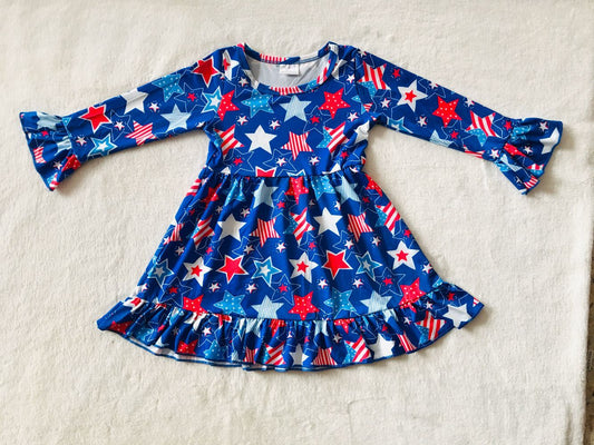 9.23 RTS NO MOQ（In stock）G2-20-4;' Baby Girls Winter Dress Red striped five-pointed star dark blue long-sleeved dress