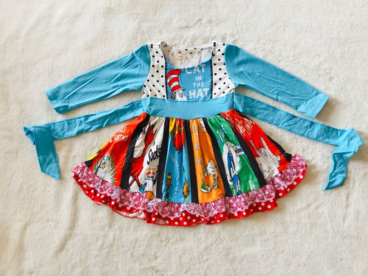 10.11 RTS NO MOQ（In stock）G3-4-2 Baby Girls Winter Dress Polka dot blue belt-stitched long-sleeved dress