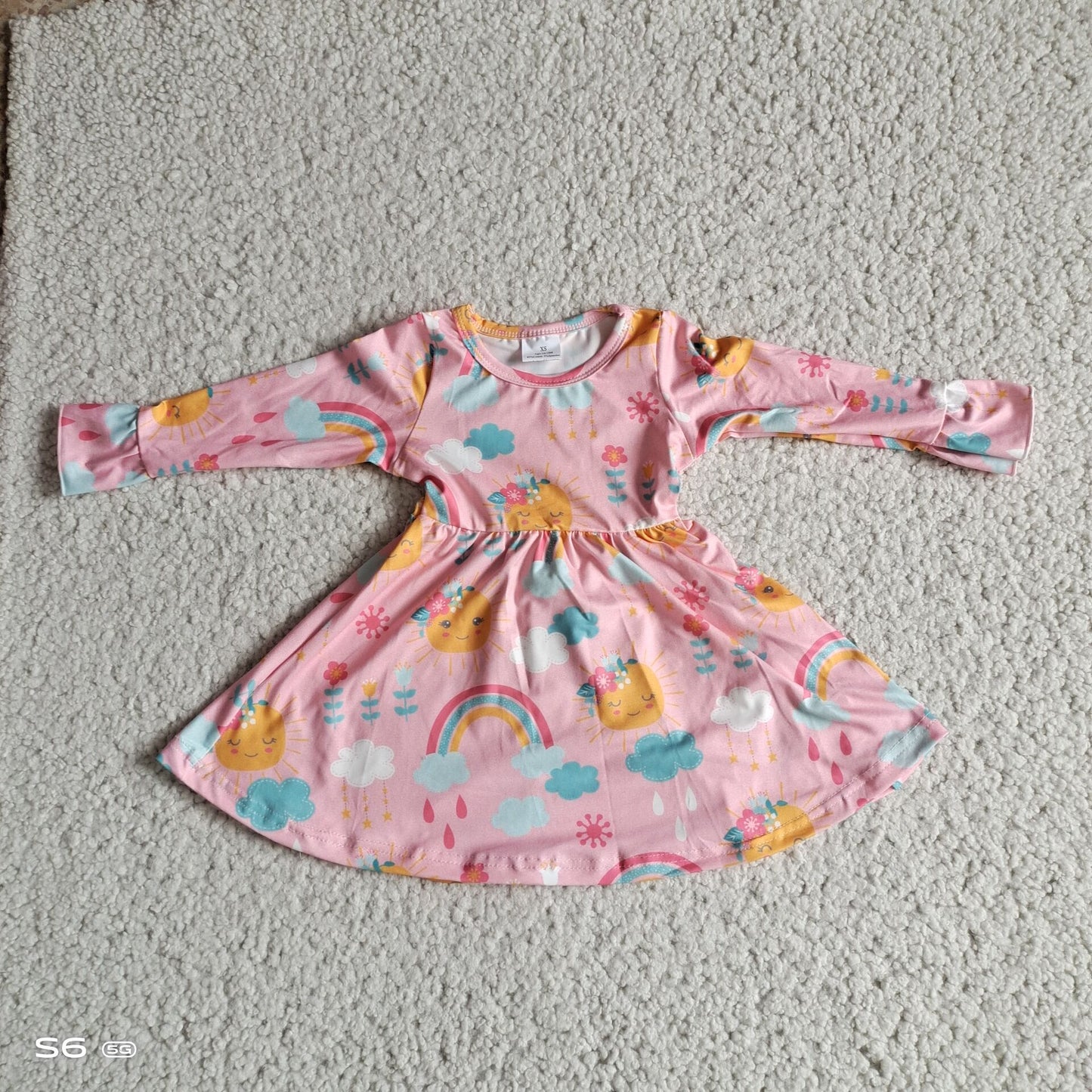 10.11 RTS NO MOQ（In stock）G2-16-3 Baby Girls Winter Dress Rainbow White Cloud Pink Long Sleeve Dress