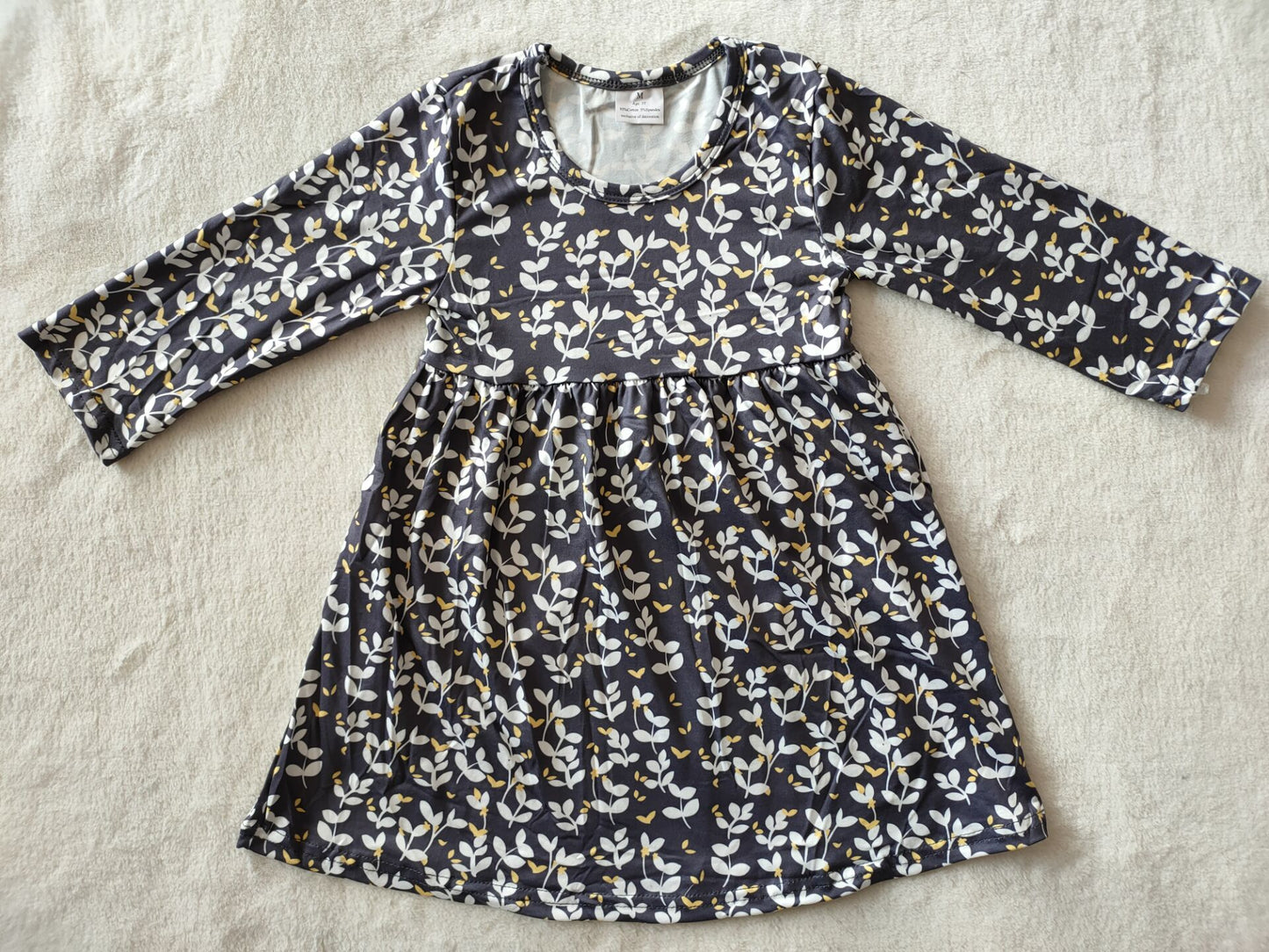 9.20 RTS NO MOQ（In stock）G2-24-6[] Baby Girls Winter Dress Dark grey long-sleeved dress with yellow and white leaves