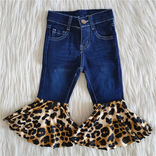P0116  Baby Girls Denim Leopard Ruffle Bell Bottom Pants