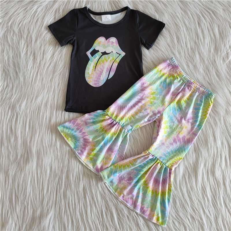 C1-14 Colored tongue black short-sleeved pants set