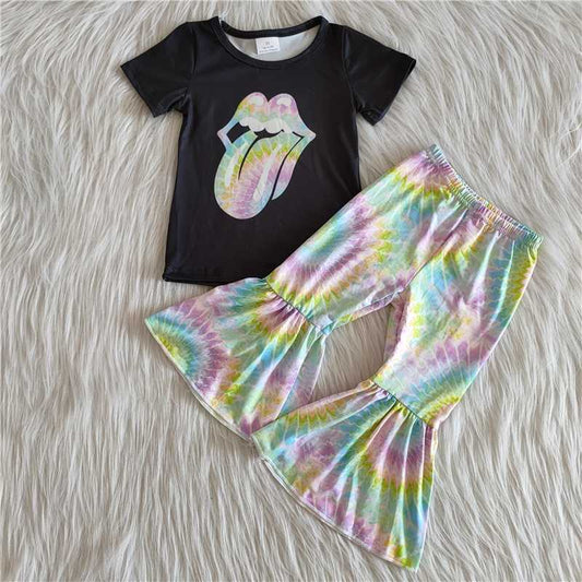 C1-14 Colored tongue black short-sleeved pants set