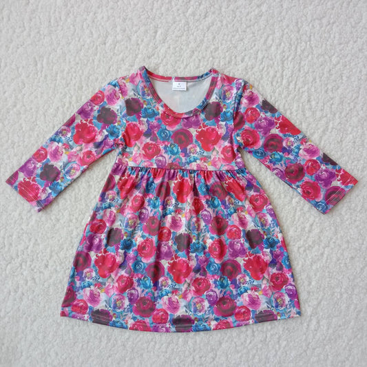 9.24 RTS NO MOQ（In stock）G2-20-4‘；\‘’\’ Baby Girls Winter Dress Purple,red and blue flower long-sleeved dress