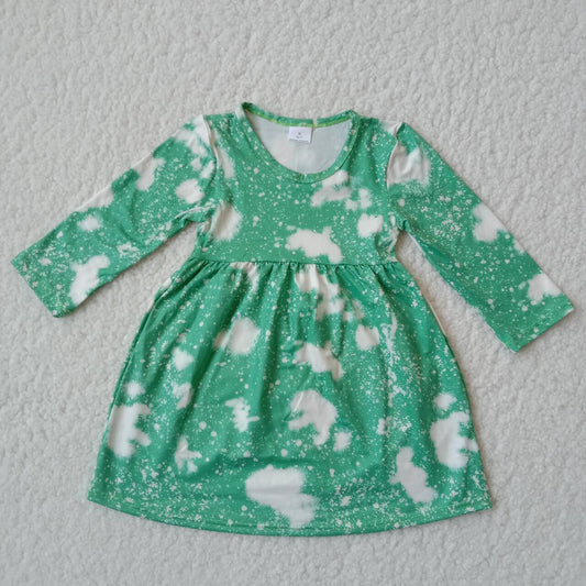 10.11 RTS NO MOQ（In stock）G2-16-7['' Baby Girls Winter Dress White cloud pattern green long-sleeved dress
