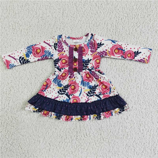 6 A28-14  Baby girls navy floral ruffle knee length dresses