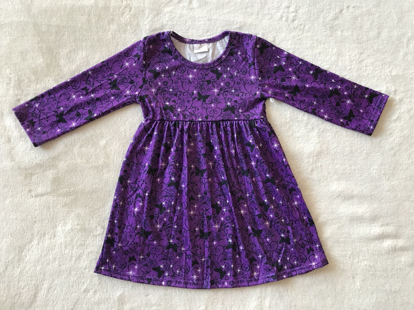 9.23 RTS NO MOQ（In stock）G3-4**\ Baby Girls Winter Dress Black line flower purple long sleeve dress