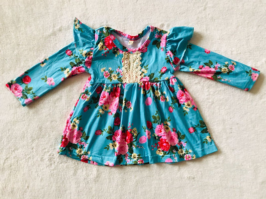 9.26 RTS NO MOQ（In stock）G2-16-8'.. Baby Girls Winter Dress Red and pink flower blue long-sleeved dress