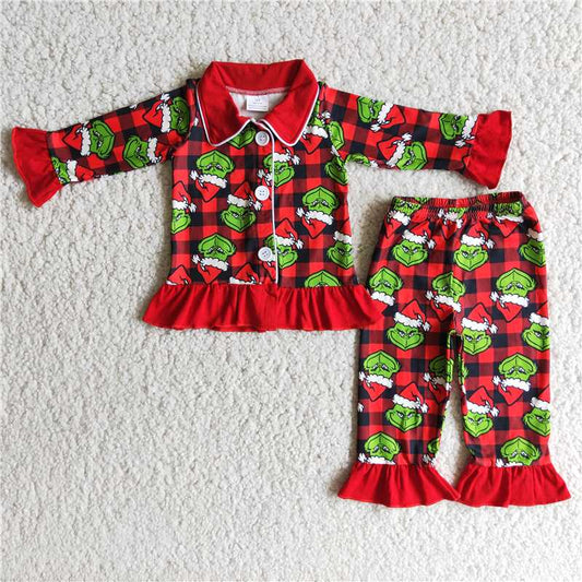 6 A19-15 grinch girls Christmas plaid pajamas