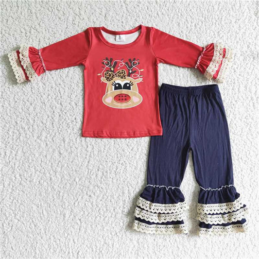 6 A14-27 Christmas leopard print bow antlers red long sleeve lace