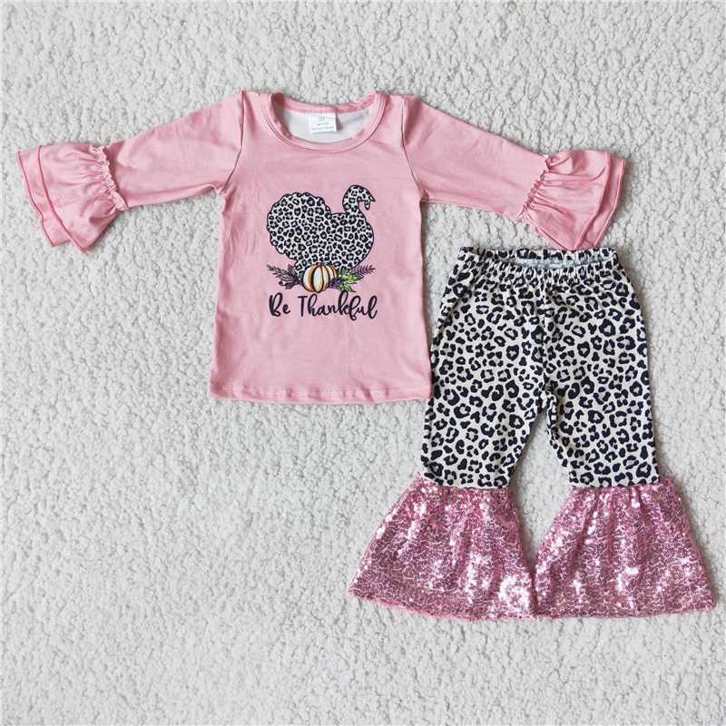 6 B5-1Be thankful turkey shirt leopard sequin pants thanksgiving clothing set