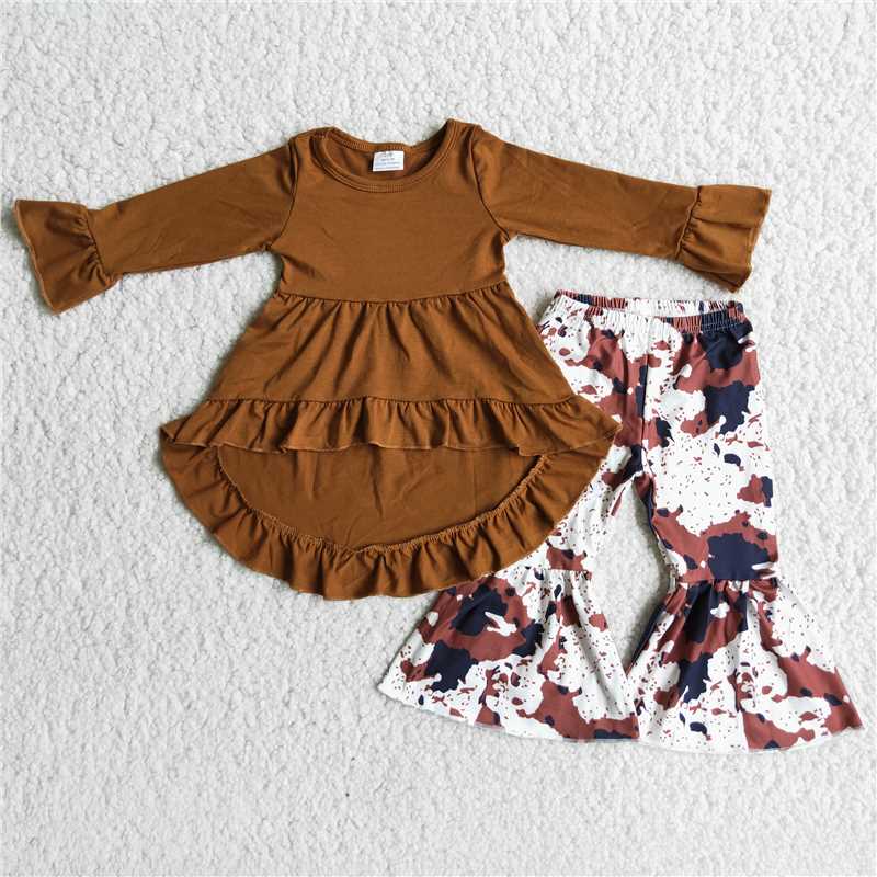 6 B4-19Brown high low tunic cow print pants kids clothing set