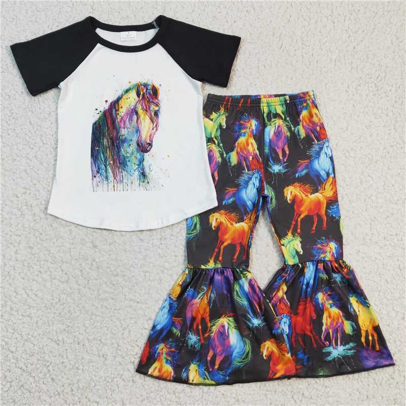 B8-4  Baby Girls Colorful Western Horse Bell Pants Clothes Sets