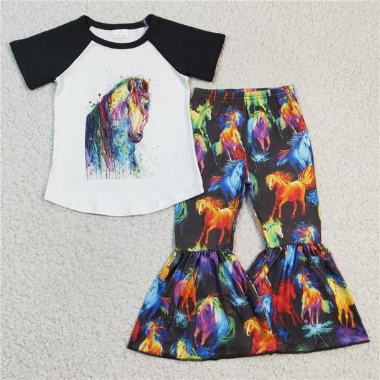 B8-4  Baby Girls Colorful Western Horse Bell Pants Clothes Sets