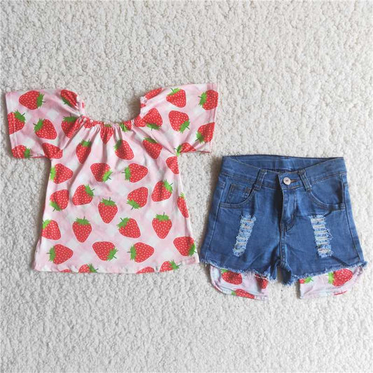Strawberry pink denim shorts sets