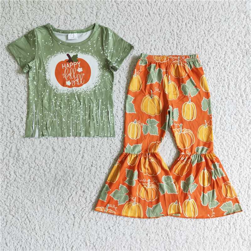 B10-13 Orange green pumpkin bell bottom pants set