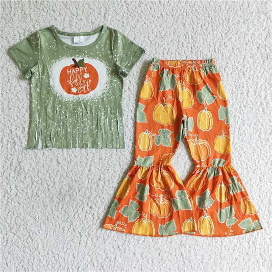 B10-13 Orange green pumpkin bell bottom pants set