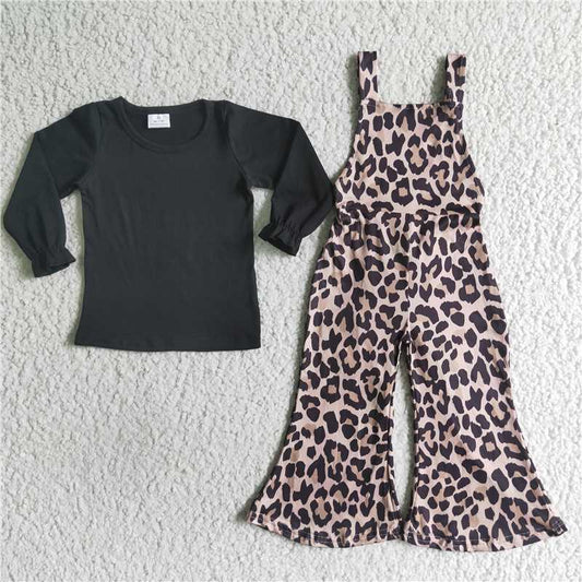 6 C6-24Black cotton shirt leopard print overalls girls clothing