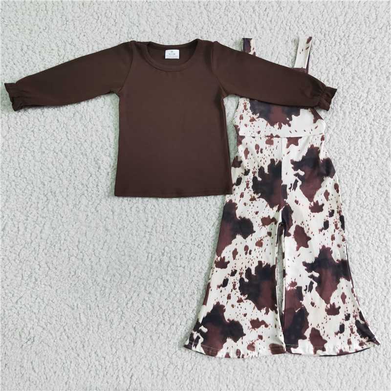 6 B3-25Brown cotton shirt cow print overalls girls clothing