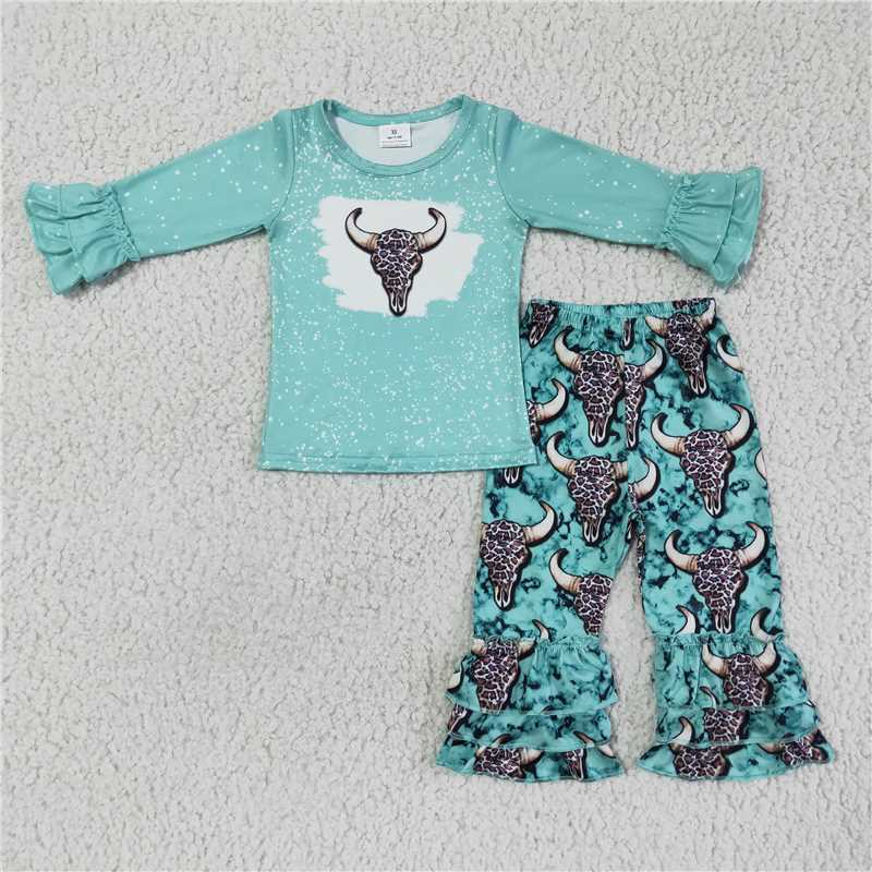 6 B3-2Cow print long sleeve ruffle pants girls clothing set