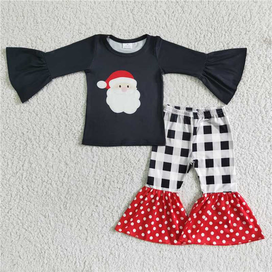 6 A8-14 Christmas black bell-sleeve top and plaid polka dot bell-bottom pants suit
