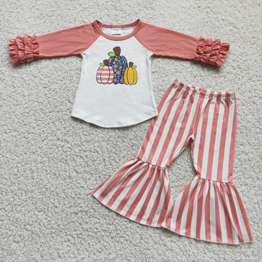 6 C6-21Pumpkin shirt stripe bell bottom pants fall clothing