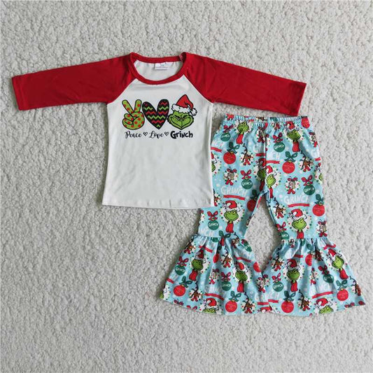 6 A16-20 grinch hand gesture heart long-sleeved top flared pants suit