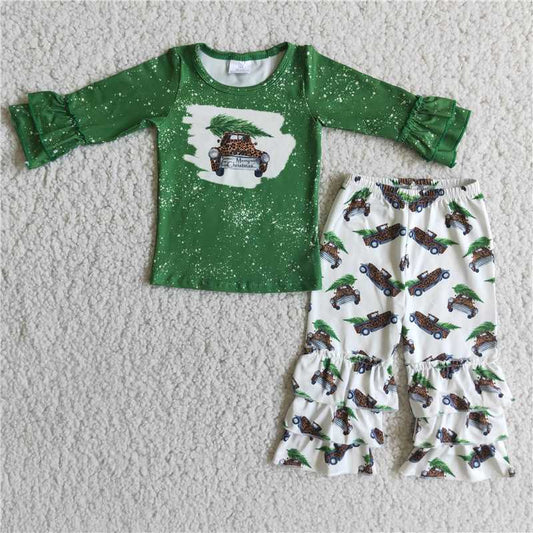 6 A20-18 Christmas tree truck green long-sleeved top with ruffled trousers set