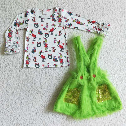 6 C11-39 Girls 12.5grinch long-sleeved top green plush overalls 250g