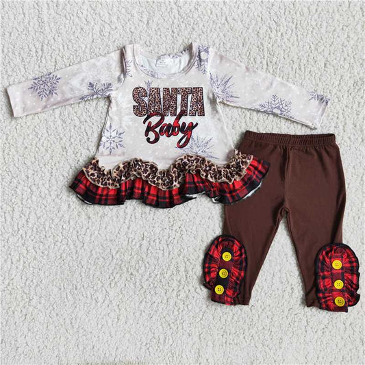 6 A18-5Santa baby print wave tunic brown leggings girls Christmas clothing