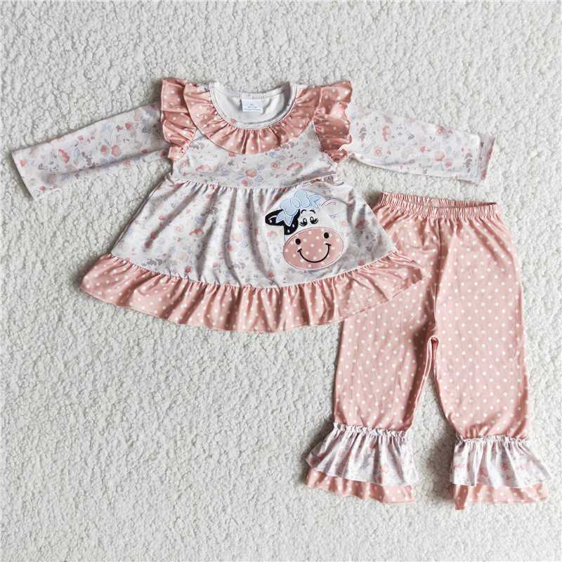 6 A26-30Flutter long sleeve cow embroidery tunic ruffle pants girls boutique outfits