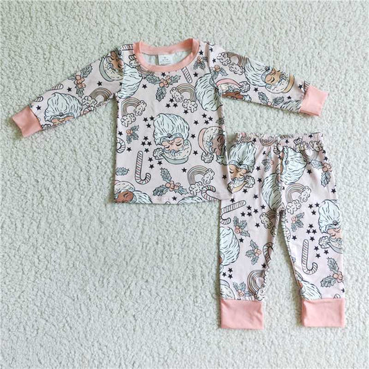 6 A19-14 Santa Claus star pink pajamas long sleeves and long pants set