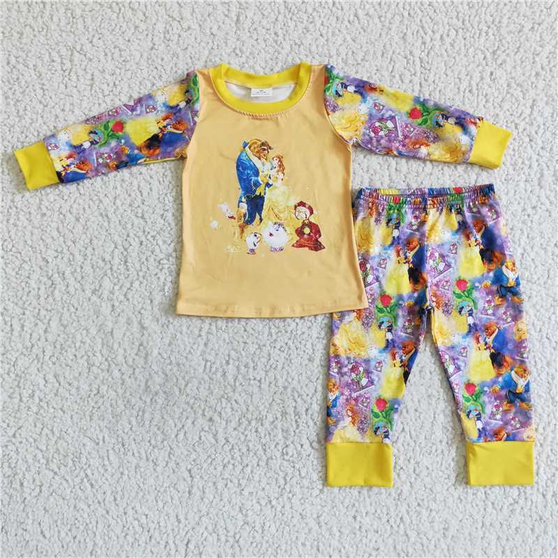 6 B8-4Yellow long sleeve cute princess baby girls pajamas