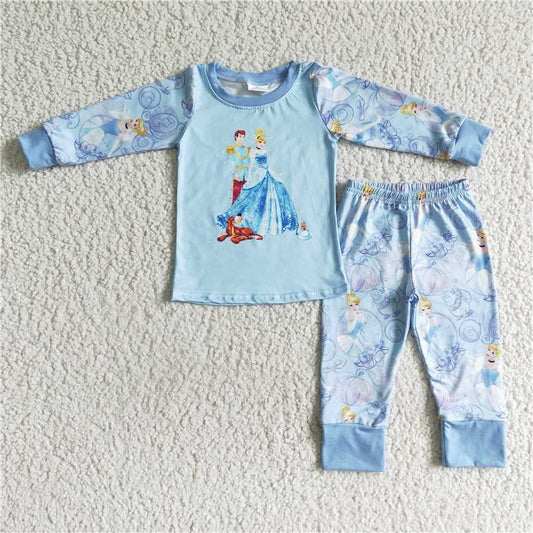 6 A1-2Blue long sleeve cute print carriages girls fall winter princess pajamas