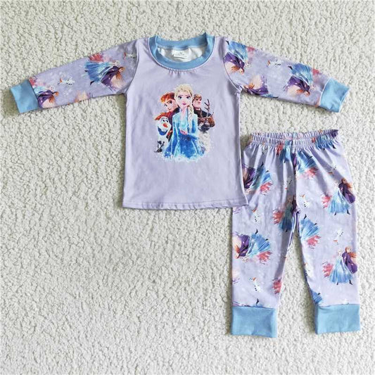 6 A9-1Light purple long sleeve cute print girls fall winter princess pajamas