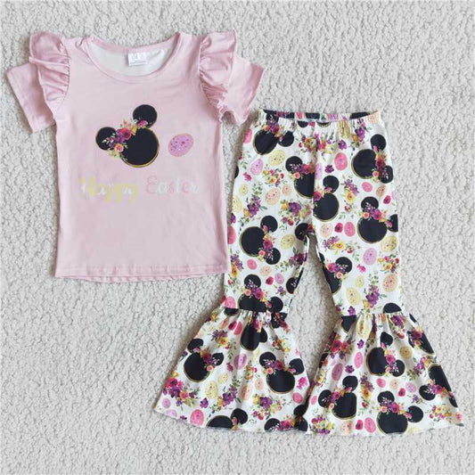 D7-3 Mickey head pink short-sleeved top and long pants set