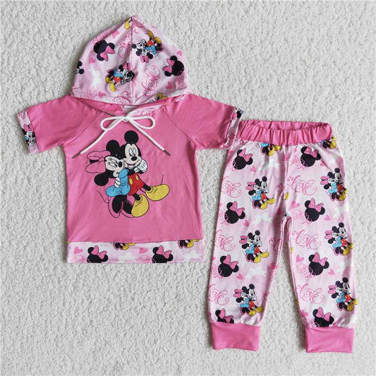 E6-27  Cartoon hoodie pink pants sets