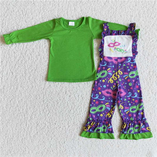 6 A28-19 Green long sleeve shirt overalls girls children mardi gras outfits